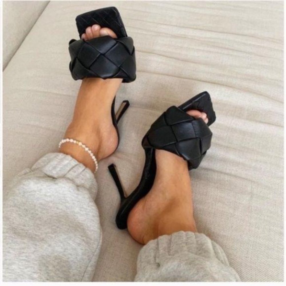 RESTOCKED Woven Square Toe Mules - Black